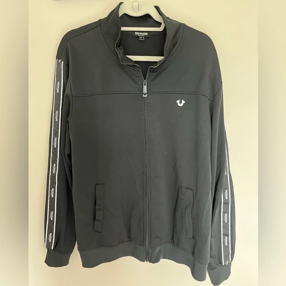 True Religion Logo Mens Full Zip Track Jacket Black and White Size 2XL